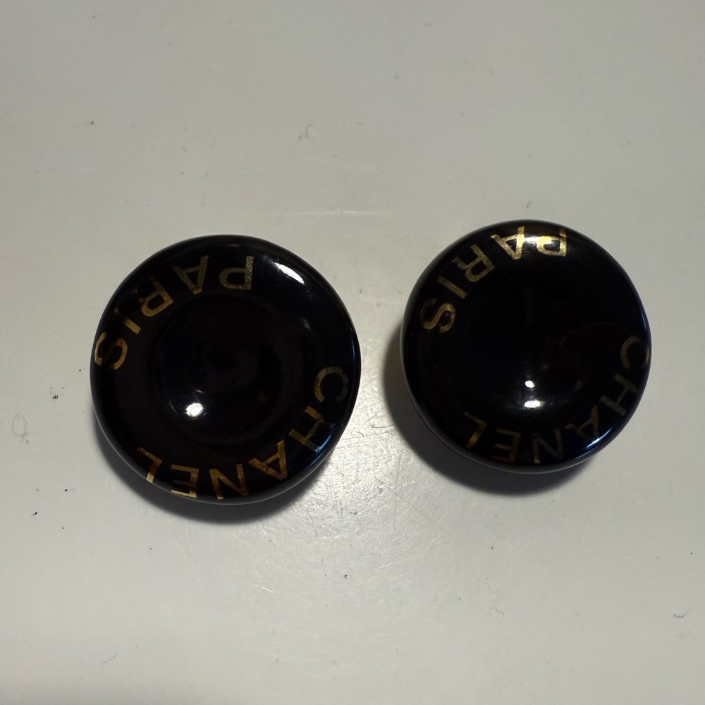 Chanel Button Earrings Gold Black Clip-On